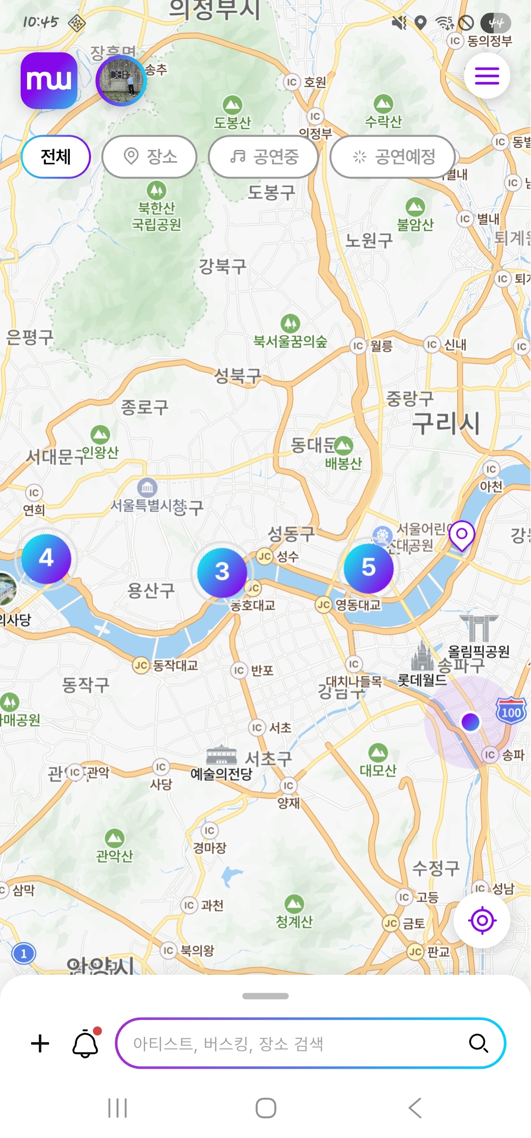 앱 캡처 지도 화면 - 지금 내 주변에서 열리는 공연